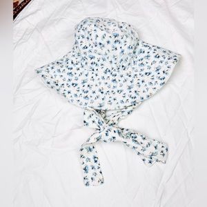 Handmade white and blue floral patterned linen vintage style summer sun hat